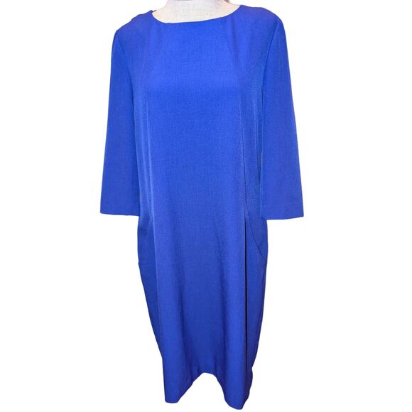 MM.LaFleur Etsuko Cobalt Blue 3/4 Sleeve Pockets Shift Knee Length Dress Size 16 - Picture 2 of 5